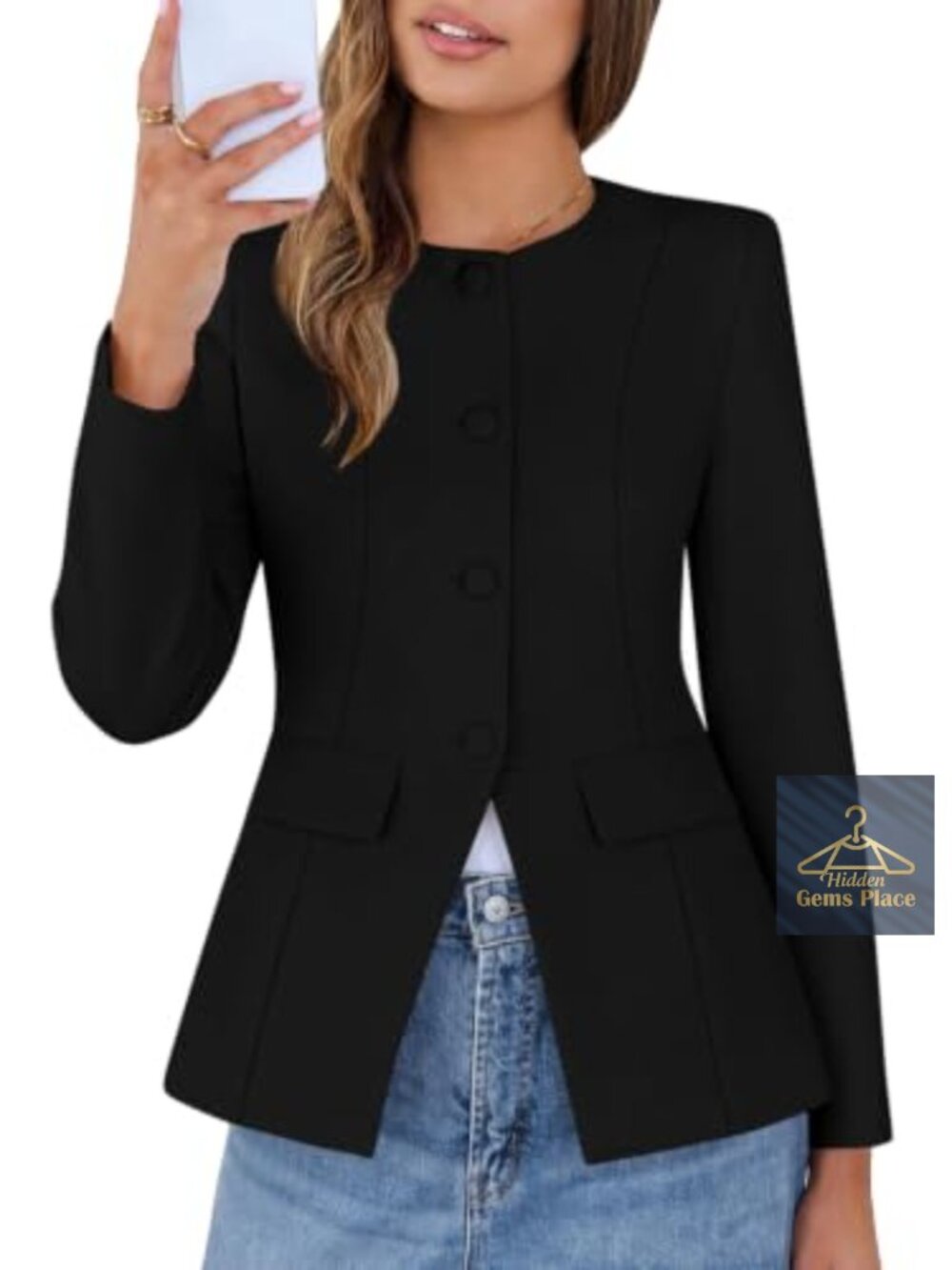 Women's Long Sleeve Crewneck Button Down Blazer with Pockets, Slim Fit Suit